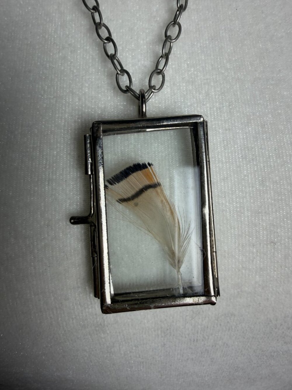 Glass & Metal Floating Frame Real Feather Pendant Necklace Silver Tone